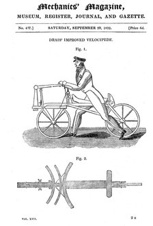 Baron von Drais's bicycle (Draisienne). Exhibited Paris 1818. Artist: Baron von Drais