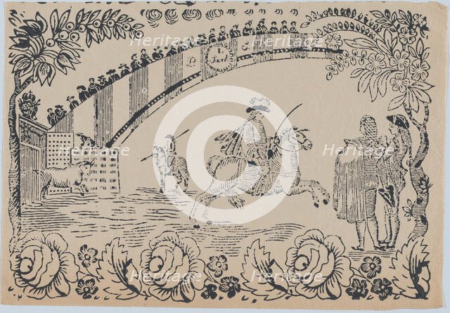 Suerte I: Bull entering the bullring after a law officer on horseback; two toreros ..., ca. 1850-80. Creator: Anon.