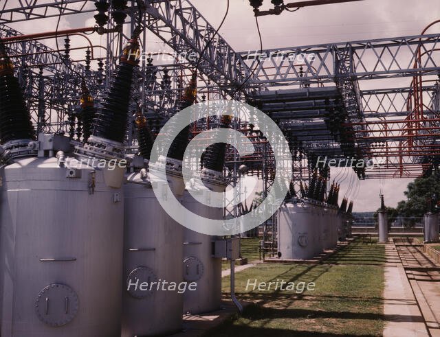 Switchyard at TVA's Wilson Dam hydroelectric plant, vicinity of Sheffield, Ala, 1942. Creator: Alfred T Palmer.