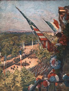 'Le jour de gloire; Depart du Defile Triomphal, Avenue de la Grande-Armee', 1919. Creator: Charles-Jules Duvent.