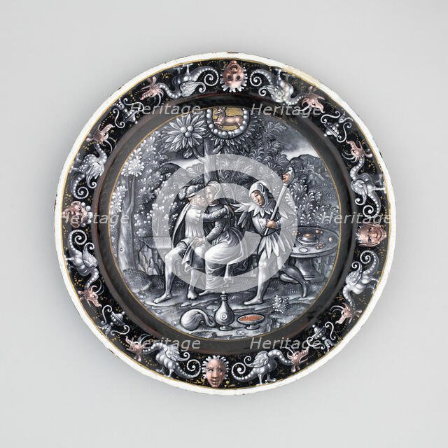 Plate with Scene of the Month of April, Limoges, 1500/1600. Creators: Workshop of Master I.C., Limoges Pottery and Porcelain Factories.