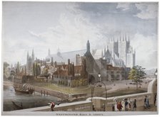View of Westminster Hall and Abbey, from Westminster Bridge, London, 1819.                           Artist: Daniel Havell