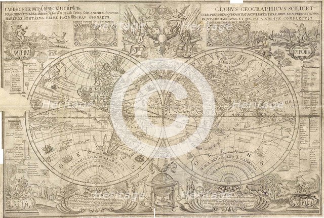 Double hemisphere map of the World, 1707. Artist: Kiprianov, Vasily Anufrievich (1669-after 1723)