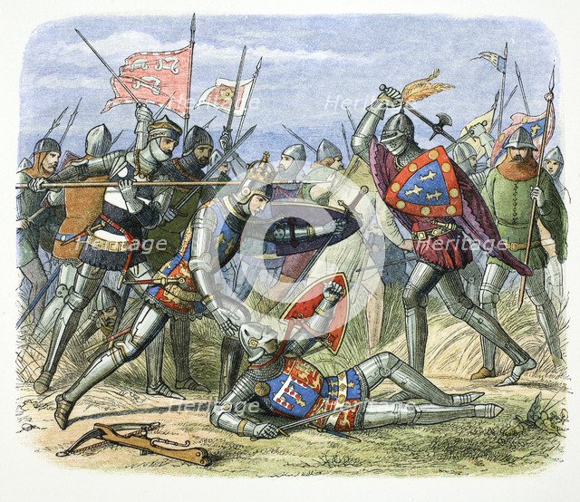 Henry V of England attacked by the Duke of Alencon at the Battle of Agincourt, 1415 (1864). Artist: James William Edmund Doyle