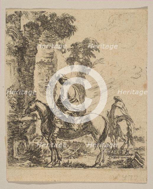 Plate 19: Landscape with a Cavalier Watering His Horse at a Fountain, from 'Various fi..., ca. 1646. Creator: Stefano della Bella.