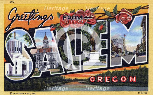 'Greetings from Salem, Oregon', postcard, 1939. Artist: Unknown