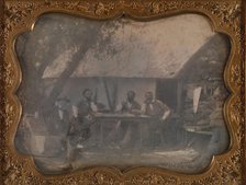 [Four Gold Miners Seated in Front of Their House], ca. 1852. Creator: Unknown.