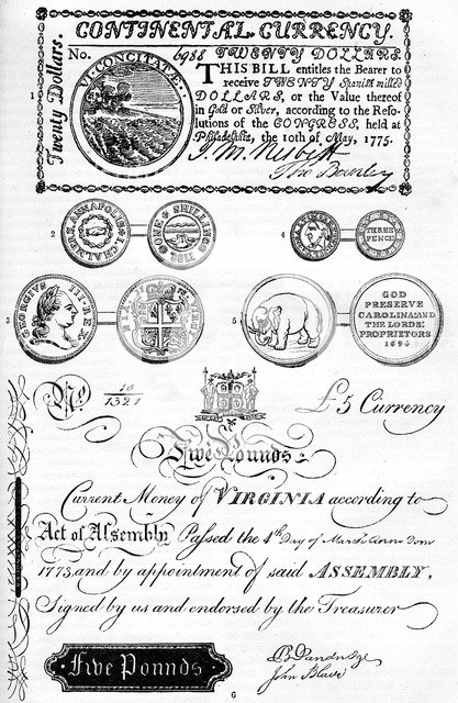 American coins and paper money, 17th-18th century (c1880). Artist: Unknown