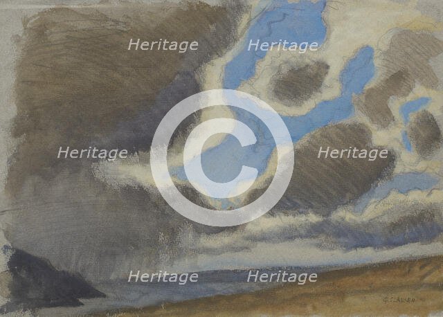 Landscape with expansive cloudy sky, early 20th century. Creator: George Clausen.