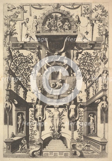 Fantastic Architecture Structure with Strapwork and Two Pergolas and a Small Scene with Vu..., 1557. Creator: Cornelis Floris II.