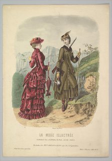 A Lady in a Hunting Costume with a Lady in Walking Costume on a Mountain Path from La Mode..., 1881. Creator: Adèle-Anaïs Colin.