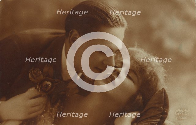 Postcard of romantic vintage couple, in sepia. Artist: Unknown