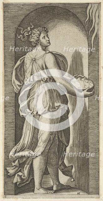 Hope personified as a woman standing in a niche facing right, holding a container o..., ca. 1515-25. Creator: Marcantonio Raimondi.