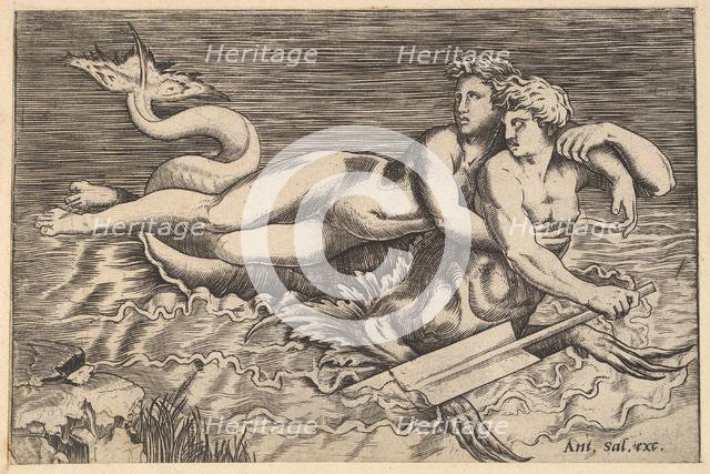 Speculum Romanae Magnificentiae: A Triton Carrying off a Nymph, 16th century. Creator: Marco Dente.
