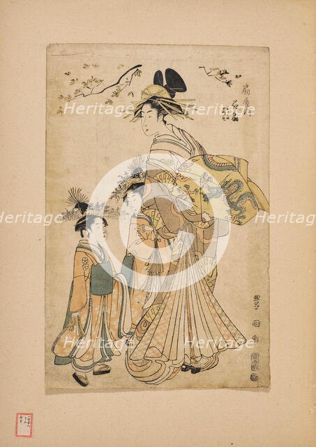 The Courtesan Hanaogi of the Ogiya House Attended by Two Kamuro. Creator: Toyokuni, Utagawa (1769-1825).