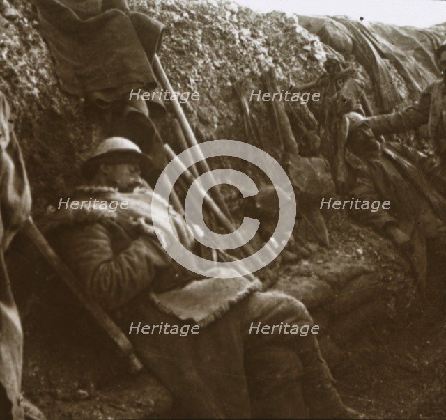 Soldiers resting in trenches, c1914-c1918. Artist: Unknown.