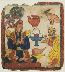 King Mangkur Nourished by Queen Devika, from a Set of Initiation Cards (Tsakali), 14th/15th century. Creator: Unknown.