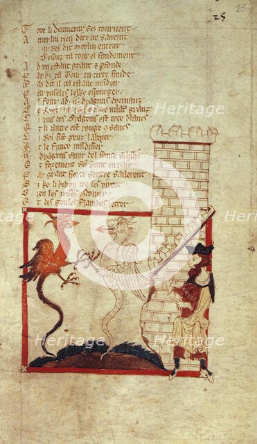 Vortigern finds red and white dragons beneath the foundation of his castle, mid 14th century. Creator: Wace.