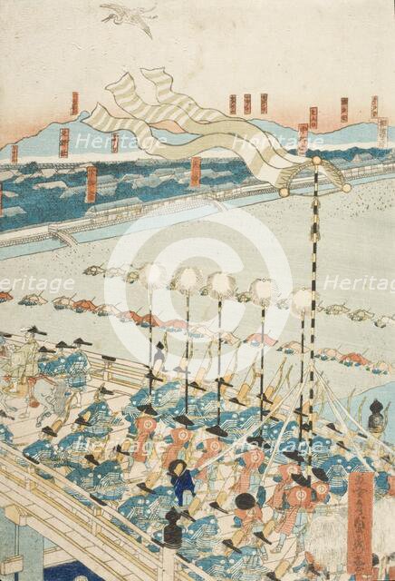 Lord Yoritomo Traveling to Kyoto in the First Year of Kenkyu Period (circa 1285), 1862. Creator: Sadahide Utagawa.