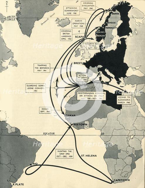 Map showing the movements of 'HMS Ark Royal', 1939-1941, (1942). Creator: Unknown.