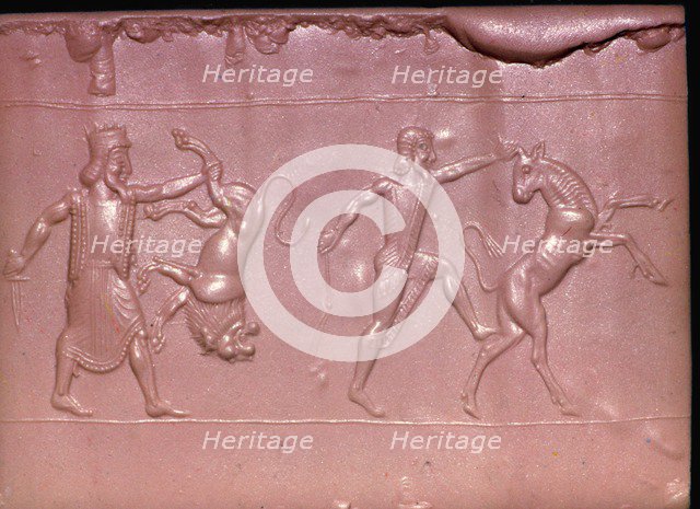 Achaemenid cylinder-seal impression of a Royal hunt. Artist: Unknown