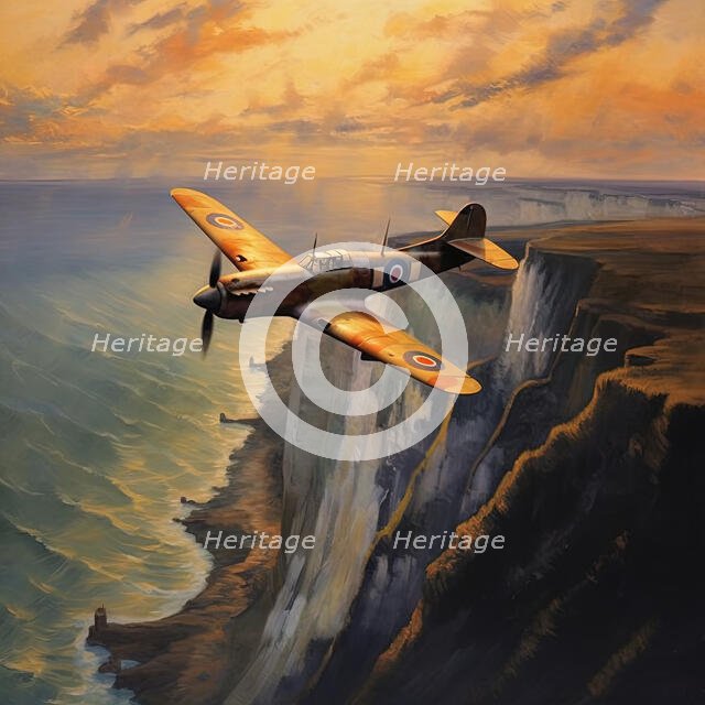 AI IMAGE - Spitfire aircraft flying over the White Cliffs of Dover, 1940s, (2023). Creator: Heritage Images.