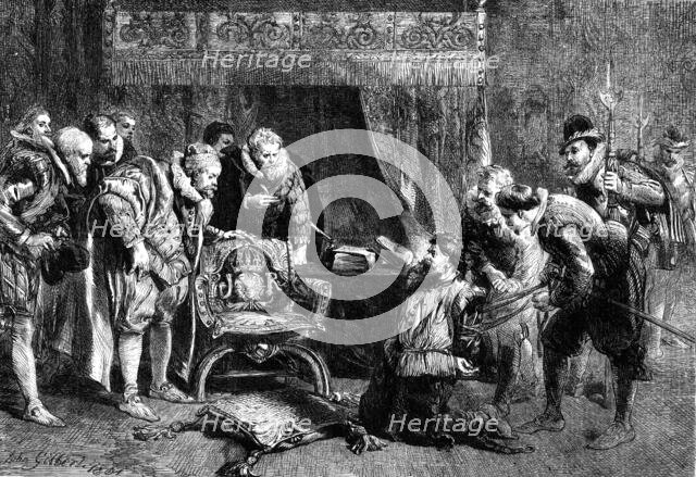 The Gunpowder Plot: Guy Fawkes being interrogated by James I. and his council in the King's..., 1861 Creator: Unknown.