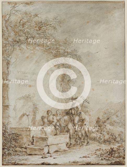 Frontispiece for an Album of Drawings: Peasants at a Fountain (recto)..., 1784. Creator: Dirk Langendijk (Dutch, 1748-1805).