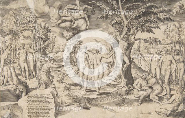 Cupid in the Elysian Fields tied to a tree in the centre, surrounded my many figures, 1563. Creator: Giulio Bonasone.