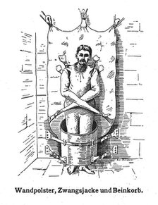 A mentally ill patient in a strait-jacket attached to the wall and a strange barrel..., 1908. Creator: Unknown.