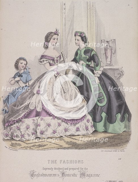 Two women and a child wearing the latest fashions, 1864. Artist: Anon