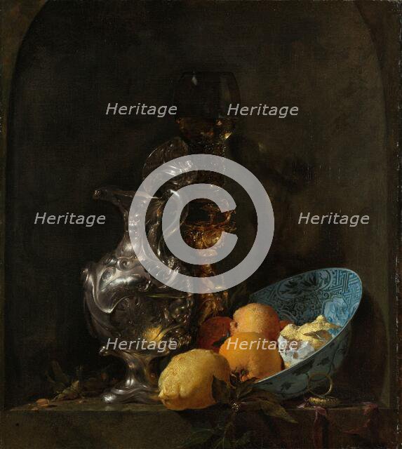 Still Life with a Silver Jug and a Porcelain Bowl, 1655-1660. Creator: Willem Kalf.