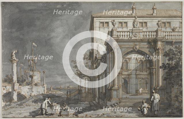 Capriccio: A Palace with a Courtyard by the Lagoon, c. 1750-1755. Creator: Antonio Canaletto (Italian, 1697-1768).