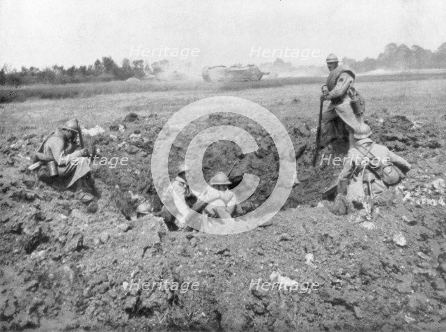 French infantry resting in a shell hole, Chemin des Dames, France, 11 June 1918. Artist: Unknown