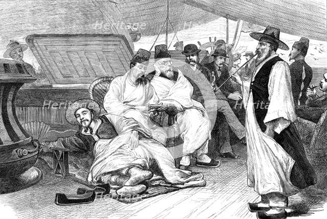 The Corean ambassadors returning on board the Japanese steamer Sakasago Masu, 1881. Creator: Unknown.