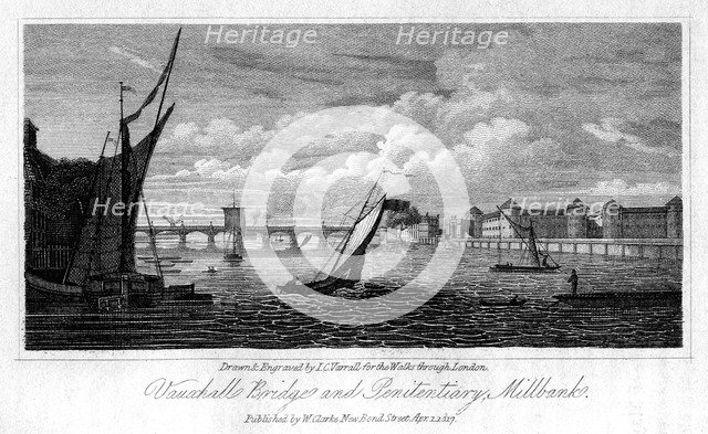 Vauxhall Bridge and Millbank Penitentiary, Westminster, London, 1817.Artist: JC Varrall