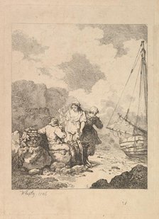 Fishermen by the Shore - Coastal Scene with a Man Sitting on Rocks and Smoking a Pipe, Nex..., 1786. Creator: Thomas Rowlandson.