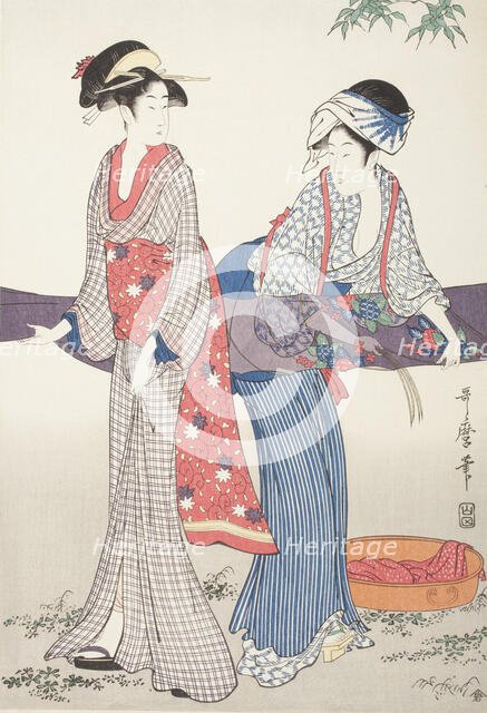 Stretching Wet Cloth (image 1 of 3), late 18th-early 19th century. Creator: Kitagawa Utamaro.