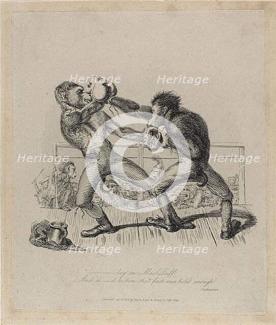 Monkeys Boxing, from Monkey-ana, April 1828. Creator: Thomas Landseer.