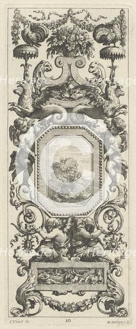 Ornamental Panel Surmounted by a Basket of Flowers and a Garland, 1647. Creator: Michel Dorigny.