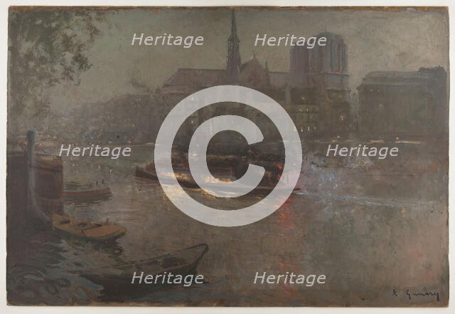 Bateau-Mouche on the Seine, in evening, in front of Notre-Dame, 1890. Creator: Adolphe-Ernest Gumery.