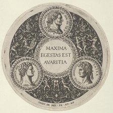 Design for a Dish with Portraits of the Roman Emperors Vitellius, Domitian, and August..., ca. 1588. Creator: Theodore de Bry.