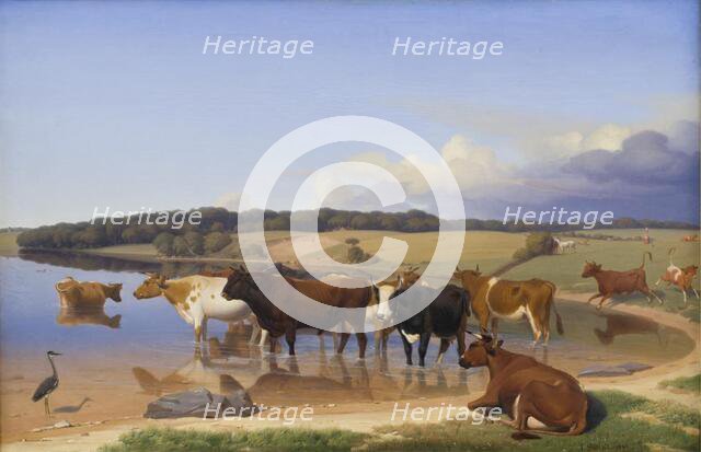 A hot Summer's afternoon; a herd of cattle has sought refuge in the Kölige lake, 1846. Creator: Jorgen Sonne.