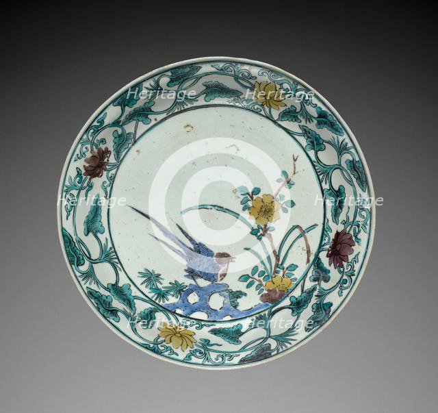 Plate with Bird and Flower: Kutani Ware, mid- to late 1600s. Creator: Unknown.