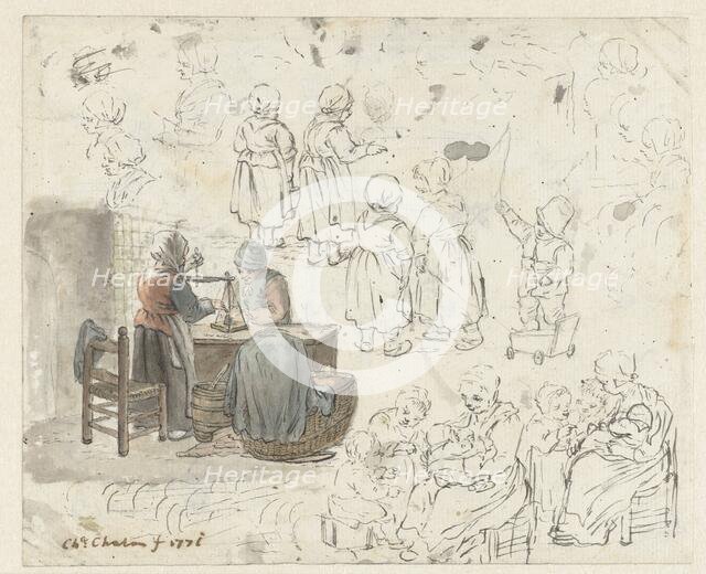 Sketches of gold being weighed, and children, 1771. Creator: Christina Chalon.