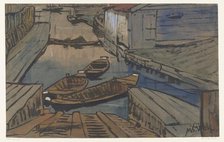 Boats on a canal between buildings, 1867-1935. Creator: Maurits Willem van der Valk.