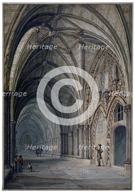 Interior view of the cloisters in Westminster Abbey, London, c1830. Artist: John Chessell Buckler