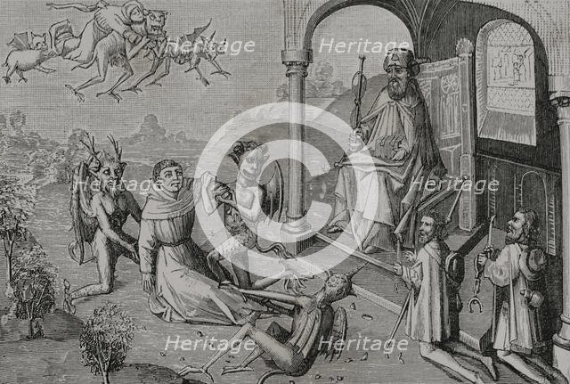 The Magician Hermogenes orders the devils, in the presence of the pilgrims to...15th century (1877). Creator: Unknown.