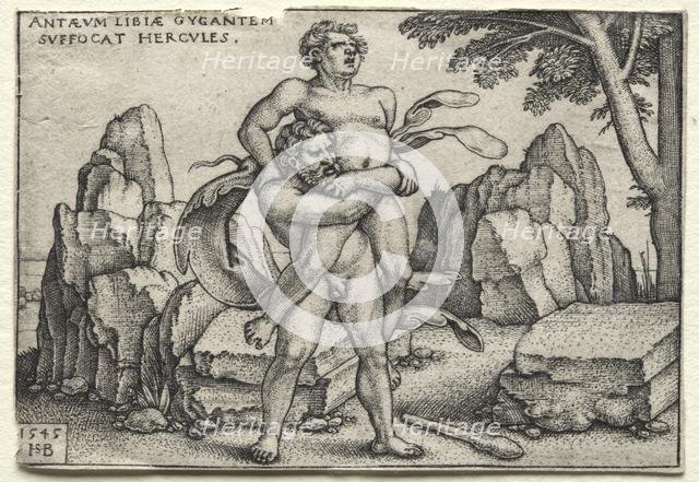 The Labors of Hercules: Hercules Crushing Antaeus, 1545. Creator: Hans Sebald Beham (German, 1500-1550).