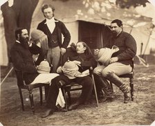 [Group portrait at the Governor Generals Camp, L-R: Maj Jones, Mr. Walters, The Governo..., 1858-61. Creator: Jean Baptiste Oscar Mallitte.